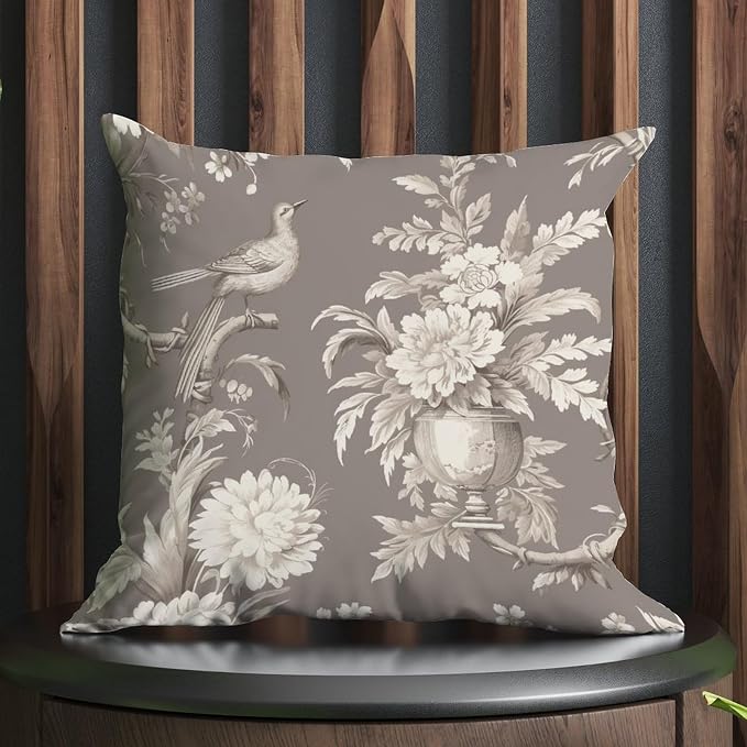 Pillowcase Tan French Country Toile Floral Cushion Cover Modern Grey White Bird Pillow Cover Accent Square Couch Sofa Cushion Covers for Patio Furniture Garden 20x20 in