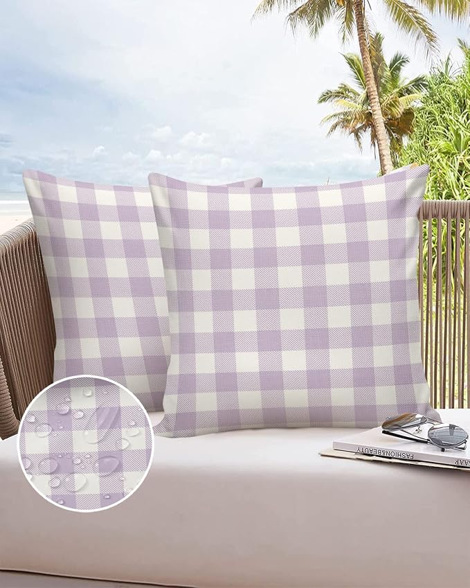 Outdoor Waterproof Throw Pillow Covers Set of 2 Lavender Buffalo Check Plaid Pillowcases 18x18 Inches Farmhouse Style Patio Decorative Pillows Cushion Case Patio Pillows for Couch Bed Chair Garden