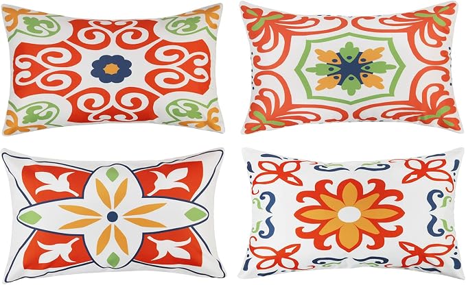 Pyonic Outdoor Waterproof Throw Pillow Covers for Patio Furniture Decorative Boho Pillow Covers 12x20 Floral Printed for Patio Tent Couch Garden Set of 4,Orange