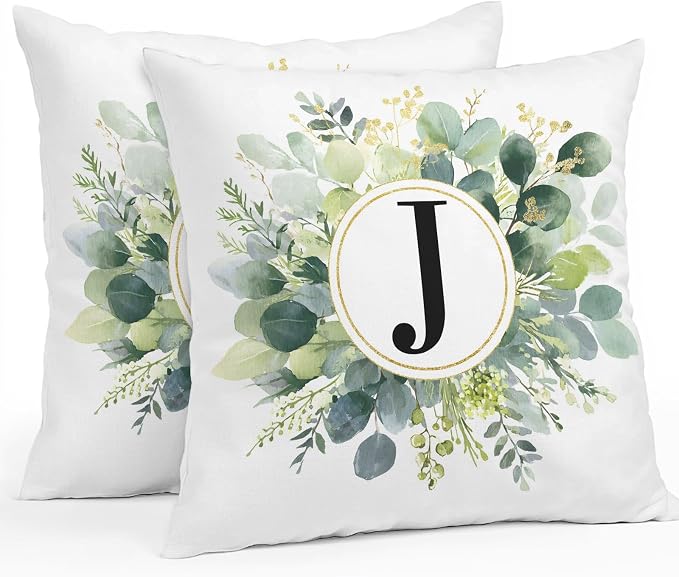 Letter J Waterproof Outdoor Pillow Covers Set of 2 Home Decor, Alphabet Green Eucalyptus Leaves Pillowcase Patio Pillow Covers for Couch Bench Patio Furniture Garden 26x26in