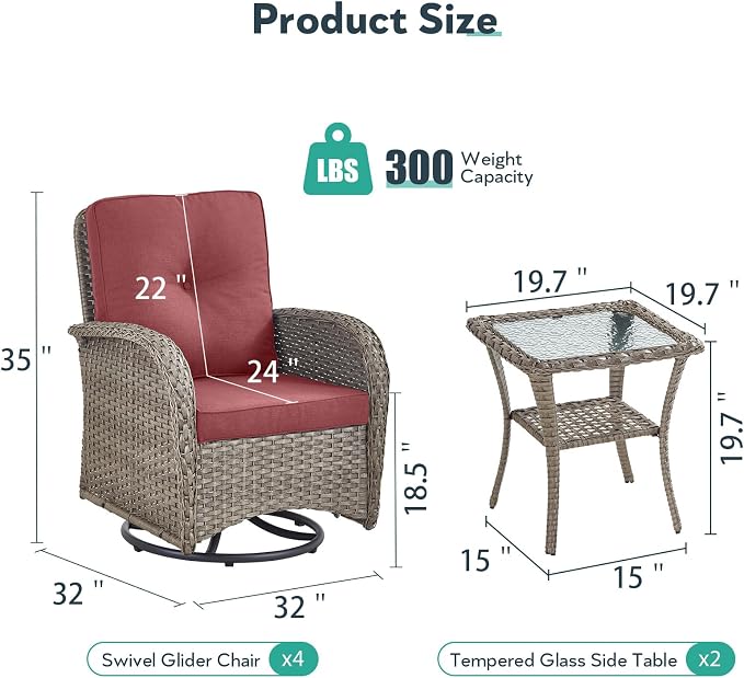 Outdoor Swivel Glider Rocker Chairs Set of 4 - Wicker Patio Furniture Set All Weather Patio Conversatio Sets with 2 Tempered Glass Side Table for Deck Backyard - Grey Wicker Red Cushion