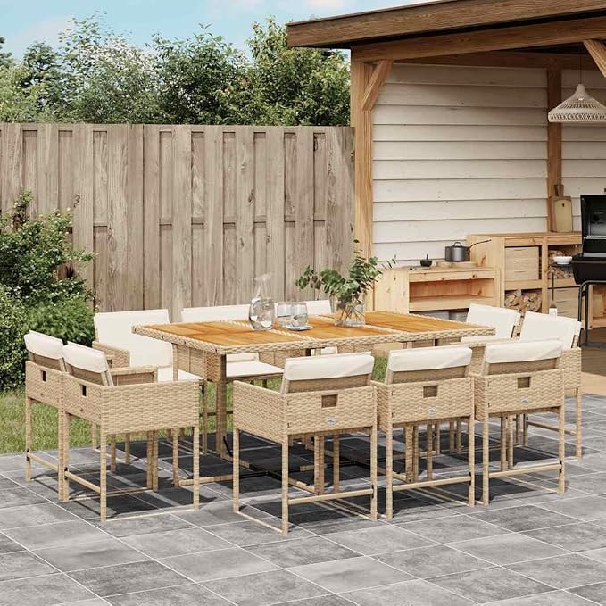 11 Piece Outdoor Dining Set with Cushions Beige Poly Rattan Patio Furniture for Backyard Deck Garden Seats 10 Persons Space Saving Folding Chairs Acacia Wood Table