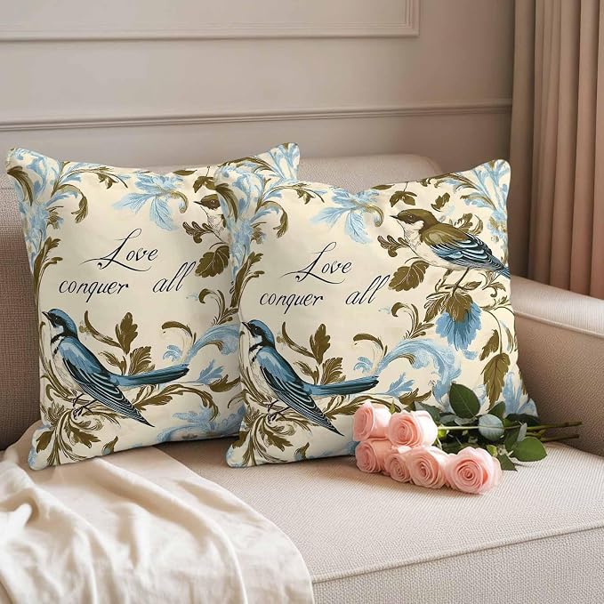 Vintage Bird Flower Outdoor Waterproof Throw Pillow Covers Set of 2, 18"x18", Watercolor Green Blue Floral Decorative Pillow Covers Outside Cushion Case for Patio Porch Garden