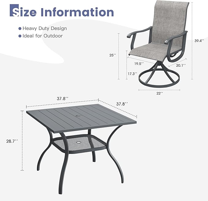 VICLLAX 5 Pieces Patio Dining Set, Patio Furniture Set of 4 Patio Swivel Dining Chairs and Square Patio Table with Storage Shelf, Grey Chairs & Dark Grey Tabletop