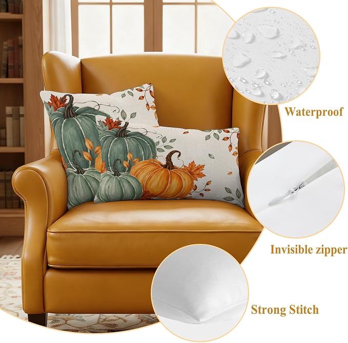 Green Orange Fall Waterproof Outdoor Pillow Covers 26''x26'' Set of 2, Maple Leaves Thanksgiving Patio Furniture Cushion Covers for Chairs,Decorative Farmhouse Beige Pillow Cases for Garden/Pool/Beach
