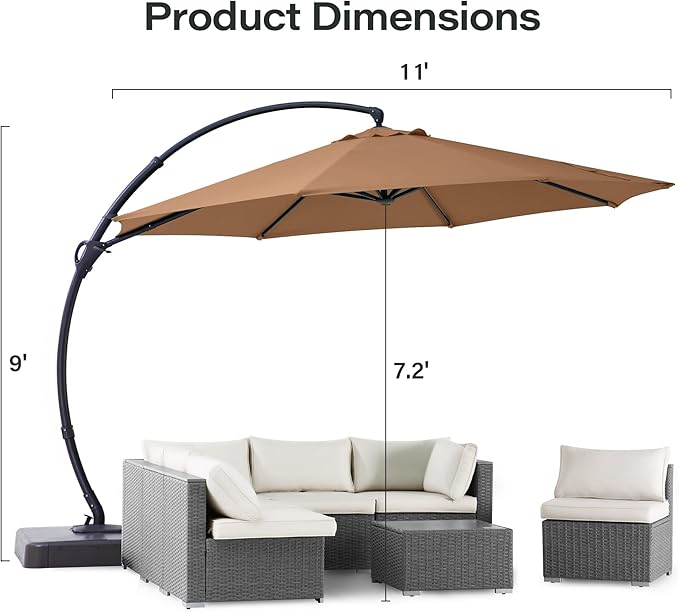 LAUSAINT HOME 11ft Patio Cantilever Umbrella with Base Included, Outdoor Curvy Round Offset Umbrella, Heavy Duty Aluminum, 360° Rotation for Pool, Deck, Lawn, Backyard (Tan)