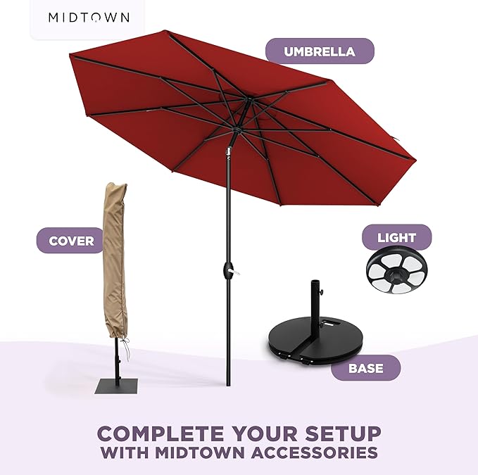 Midtown Umbrellas - The Lean 8 Ft Patio Umbrella with Fade-Resistant Sunbrella Fabric, Auto-Tilt Aluminum Frame and 8 Reinforced Ribs for Deck, Pool & Garden - Red Canopy, Black Pole
