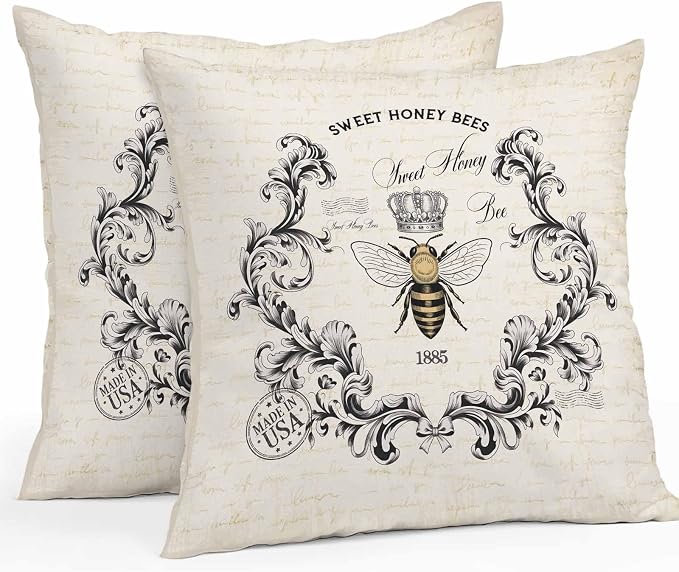 Sweet Honey Bees Outdoor Pillow Covers Pack of 2 Bees Farmhouse Retro Texture Waterproof Throw Pillow Covers Decorative Cushion Cases for Patio Garden Tent Balcony Couch 26x26 inch
