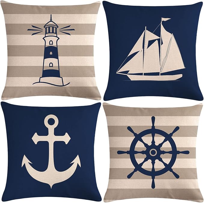 7COLORROOM 4Pack Nautical Decor Pillow Cover Navy Blue Coastal Sailing Compass Anchor/Sailboat/Navigation Cushion Cover Coastal Beach House Decor Pillowcases 18”x18” for Sofa Couch Patio