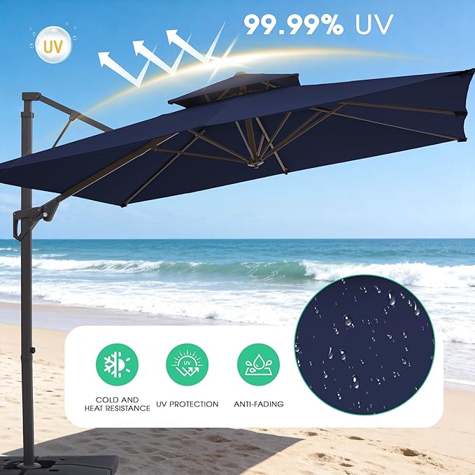 JEAREY 10ft 2-Tier Cantilever Patio Umbrella, Large Square Outdoor Offset Umbrella with Double Top Vent and 360-degree Rotation for Garden, Deck, Pool, Patio, Navy