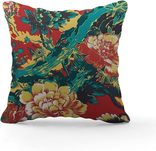 Animal Tiger Stripe Colorful Chinoiserie Throw Pillow Covers Peony Flower Asian Pillowcase 16x16 INRetro Accent Modern Decorative Pillow Covers for Patio Garden Sofa Chairs
