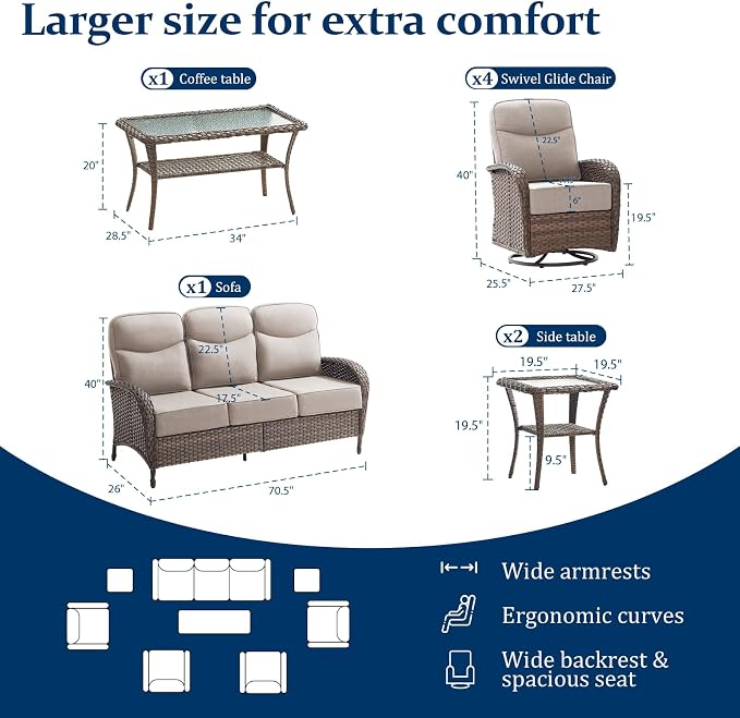 Outdoor Swivel Rocking Chair Patio Set (8pcs), High-Back - Thick Cushion Swivel Rocking Chair Patio Set, All-Weather Wicker Patio Furniture Set, Suitable for Balcony Patios, Brown/Beige