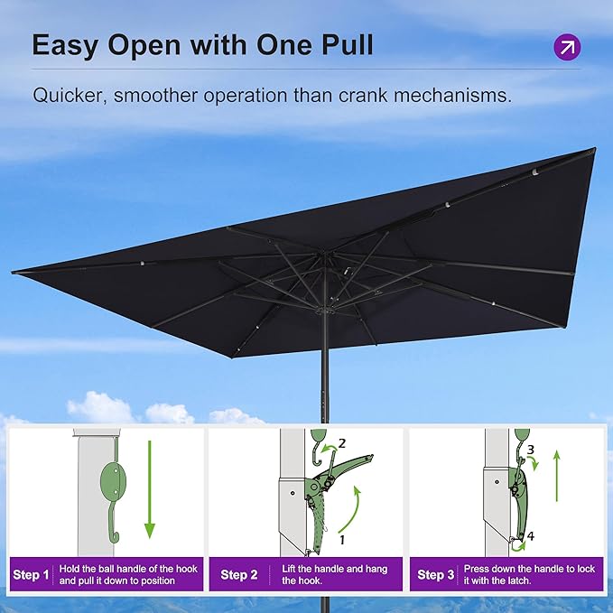 PURPLE LEAF 15' x 11' Rectangular Semi-Auto Outdoor Patio Umbrella Aluminium Market Umbrella Table Sun Umbrella with 3.15" Rod and 8 Sturdy Ribs for Deck Lawn Pool Garden, Navy Blue