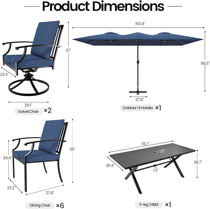 10 PCS Outdoor Patio Dining Set with 13.6ft Double-Sided Patio Umbrella,Patio Table and Chairs Metal Outdoor Patio Furniture Set,Dining Table Set with Swivel Chairs,Navy Blue