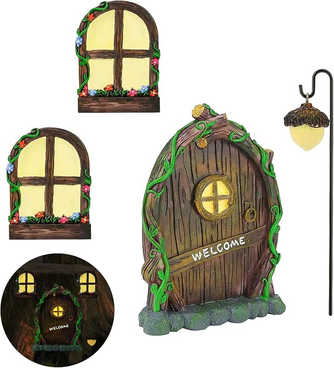 Fairy Door and Windows for Trees Outdoor, Glow in The Dark Fairy Doors Miniature Fairy Garden Accessories, Yard Art Sculpture Decoration Fairy Garden Decor with Lantern for Outside, Patio