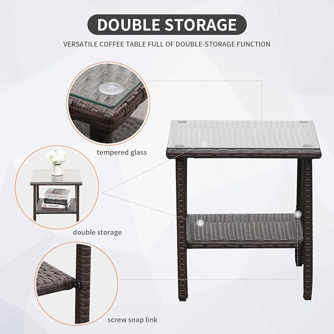 Outdoor HDPE Wicker Rocking Chair 3-Piece Patio Rattan Bistro Set 2 Rocker Armchair and Glass Coffee Side Table Furniture Washable Lacing Cushions, Khaki