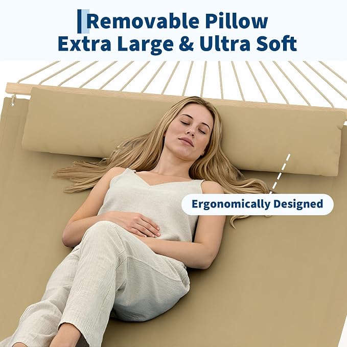 PrecisionAuto Double Quilted Fabric Hammock with Spreader Bar & Detachable Pillow, 12FT Two Person Outdoor Swing Bed Supports 450LBS for Patio Backyard Poolside Relaxation