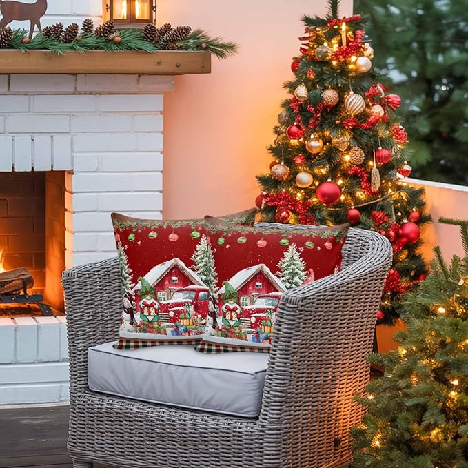 Red Christmas Throw Pillow Covers 18x18 Inch Set of 2, Truck Elk Xmas Tree Snowflake Ball Winter Gnomes Waterproof Outdoor Cushion Covers, Decorative Pillowcases for Couch, Sofa, Bed, Garden, Patio