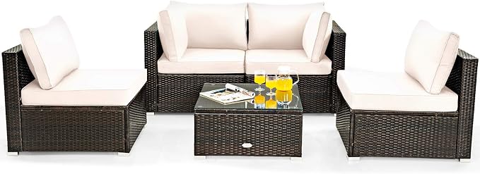 Tangkula 5 Pieces Patio Furniture Set, All Weather Wicker L-Shaped Corner Sofa Set w/Soft Cushions, Outdoor Sectional Conversation Couch Set w/Glass Table for Backyard Garden Poolside (White)