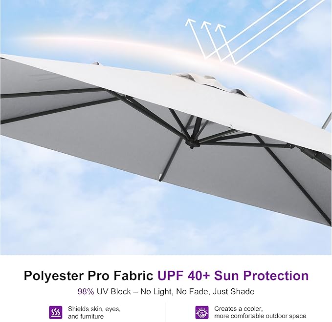 PURPLE LEAF 8' X 10' Swivel Outdoor Patio Aluminum Umbrella with Base Left-right Tilting Cantilever Offset Umbrella with UV Resistant Heavy Duty Fabric for Deck Pool Patio Backyard, Pebble Grey