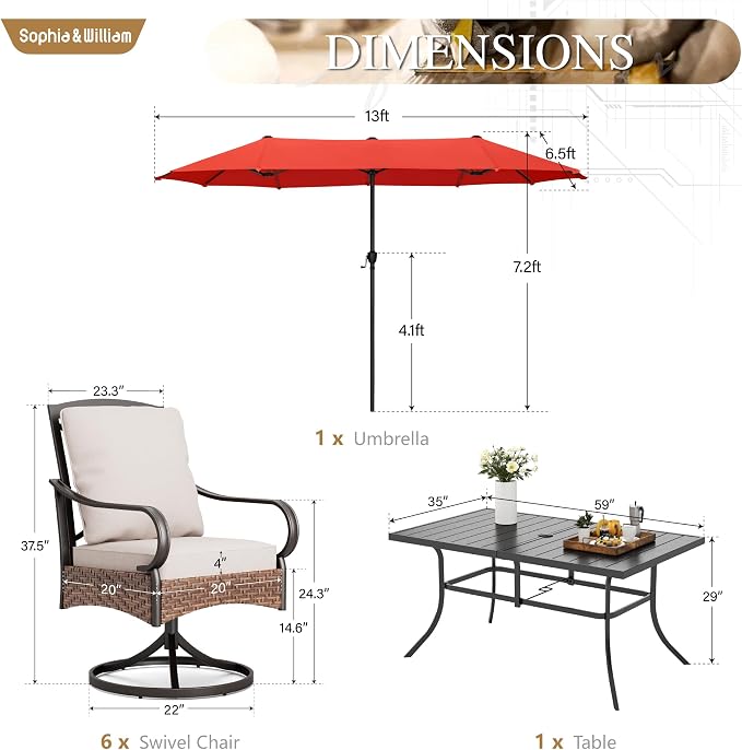Sophia & William Patio Table and Chairs Set with Umbrella 8 Piece Outdoor Dining Set for 6 with 13ft Double-Sided Patio Red Umbrella, 6 x Swivel Patio Chairs, 1 Metal Table for Lawn Garden