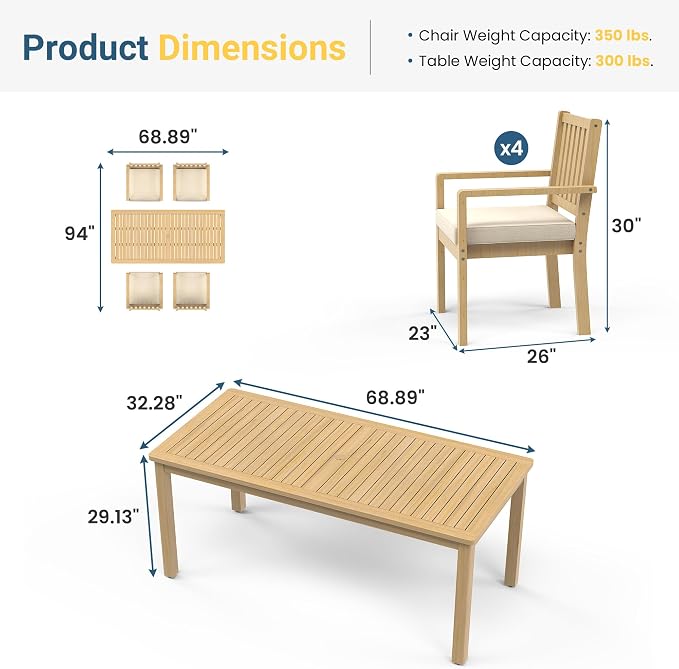 Wisteria Lane 5 Pieces Acacia Outdoor Patio Table and Chairs Set for 4, Patio Outdoor Dining Table Set with Cushion, Modern Outdoor Patio Set for Deck Lawn Backyard Garden, Beige