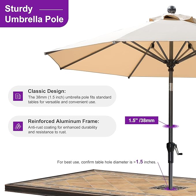 PURPLE LEAF 8' Round Patio Umbrella Outdoor Table Umbrella Aluminum Frame Market Umbrella Sun Umbrella with 8 Sturdy Ribs & Tilt for Garden Deck Lawn & Pool Beige