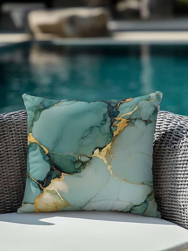 1 Pack Outdoor Throw Pillow, Teal Ombre Marble Waterproof Pillow with Insert Included, Modern Ink Painting Abstract Decorative Accent Cushion Sofa Pillows for Patio Porch, 18 x 18 in