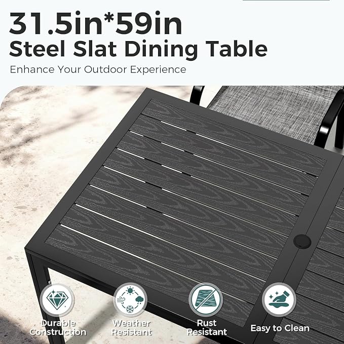 Outdoor Dining Sets for 6, Rectangular Steel Slat Table with 6 Textilene Chairs, 7 Piece Patio Table and Chairs Set with Umbrella Hole for Patio, Backyard, Poolside (Grey, No Umbrella)