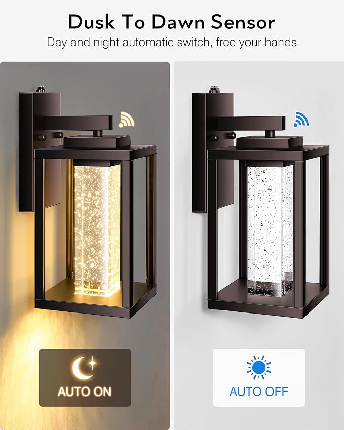 VIANIS 2 Pack Porch Lights Outdoor, Oil Rubbed Bronze Dawn to Dusk Exterior Lighting Fixtures for House, Farmhouse Outside Garage Lights Wall Mount Built-in LED Outdoor Wall Sconces Lantern, Anti-Rust