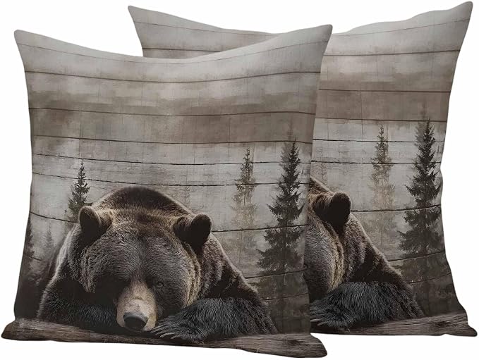 Sleeping Bear Outdoor Pillow Covers 16"x16" Set of 2, Animal Forest Rustic Planks Waterproof Throw Pillow Covers for Patio Furniture, Decorative Cushion Covers for Porch