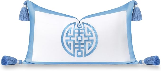 Hofdeco Premium Coastal Hampton Patio Indoor Outdoor Lumbar Pillow Cover Only, 12"x20" Water Repellent for Backyard, Couch, Poolside, Azure Blue Embroidered Double Happiness Symbol