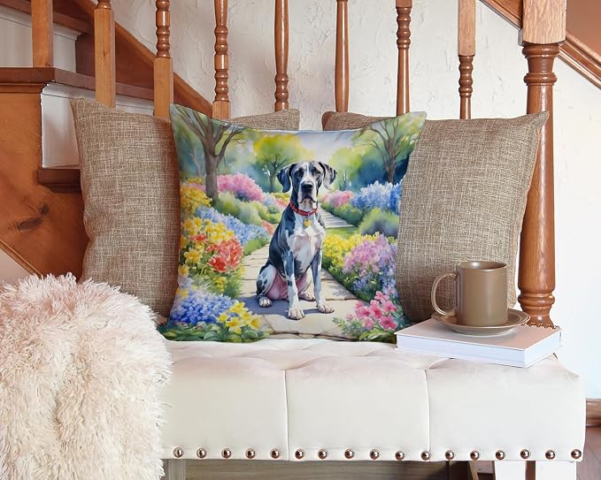 Caroline's Treasures Great Dane Spring Path Throw Pillow Machine Washable, Indoor Outdoor Decorative Pillow for Couch, Bed or Patio, 14Hx14W