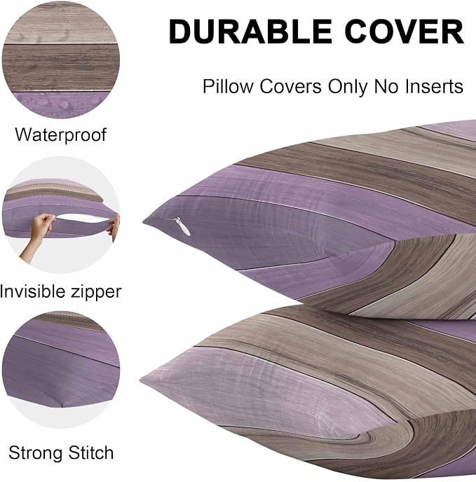 Outdoor Throw Pillow Covers 16X16 Set of 2 Waterproof Ombre Lavender Purple Brown Decorative Zippered Cushion Covers for Patio Furniture, Farmhouse Retro Rustic Barn Wood Texture Lumbar Pillowcases