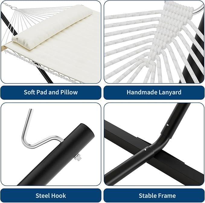 Hammock with Stand for Outside, 2-Person Portable Hammock, Heavy Duty Steel Stand, Breathable Cotton Rope & Cushioned Pad, for Yard Garden Patio Backyard, Beige