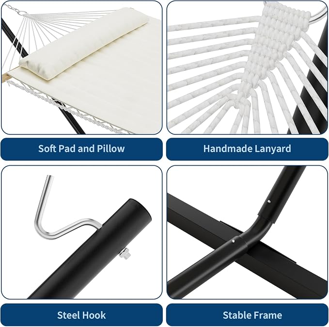 Double Hammock with Stand for 2, Heavy Duty 350 Lb Capacity Portable Rope Hammock for Indoor & Outdoor Use, Includes Padded Mat and Pillow, Tool-Free Easy Assembly, Beige