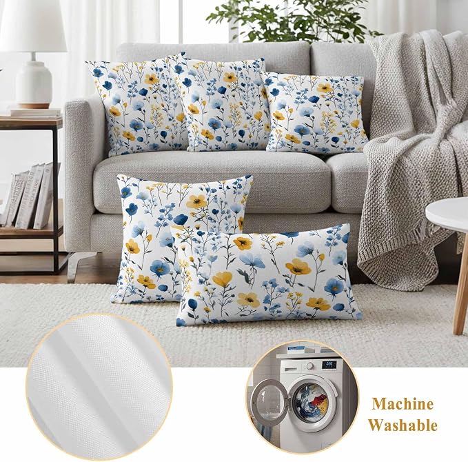 Watercolor Blue Outdoor Waterproof Throw Pillow Covers Set of 2, 26"x26", and Yellow Flower Leaves Spring Plant Decorative Pillow Covers Outside Cushion Case for Patio Porch Garden