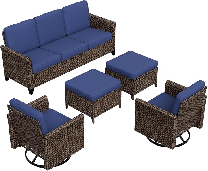 COOS BAY Harbor Retreat 5 Piece Outdoor Furniture Set, Patio Conversation Set with w/Swivel Rocking Chairs, 3 Seat Couch and Ottomans, Wicker Furniture, Brown/Blue