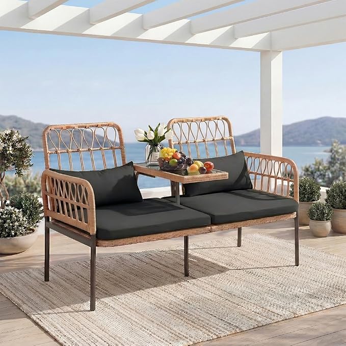 PROHIKER Outdoor Rattan Loveseat with Built-in Glass Table, 2-Seat Wicker Patio Furniture Set with Lumbar Pillows & Thick Cushions, All-Weather Conversation Sofa for Balcony, Porch & Backyard