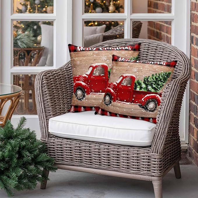 YOKOU Outdoor Throw Pillow Covers, Merry Christmas Truck Tree Vintage Board Wood Grain Buffalo Check Waterproof Pillowcases Cushion Covers Cases for Patio Couch Bench, Pack of 2 Square, 18"X18"