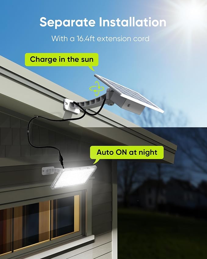JACKYLED Solar Dusk to Dawn Light Outdoor 1000 Lumens 299 LED Solar Security Lights with Extension Cord, IP65 Waterproof Solar Powered Wall Spotlight Bright for Garden Patio Shed Carport Flag, White