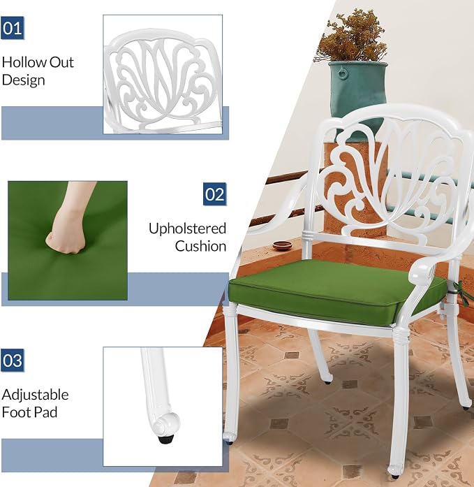 5-Piece Outdoor Patio Dining Set, All-Weather Cast Aluminum Patio Table Set, Include 4 Cushioned Chairs and a 35.4 inch Square Table w/Umbrella Hole for Balcony Garden Backyard, Green