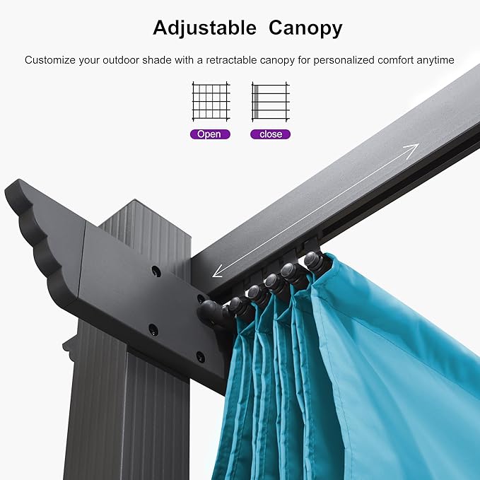 PURPLE LEAF 10' X 13' Outdoor Retractable Pergola with Sun Shade Canopy Patio Metal Shelter for Garden Porch Beach Pavilion Grill Gazebo Modern Yard Grape Trellis Pergola, Turquoise Blue