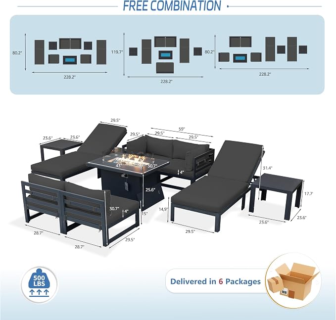 NICESOUL 9 Piece Luxury Aluminum Outdoor Sectional Sofa with Lounge & Fire Pit Table, Large Modular Patio Furniture Set, 29" Deep Wide Seating, 500 lbs Heavy Duty Conversation Set for Deck, Dark Gray
