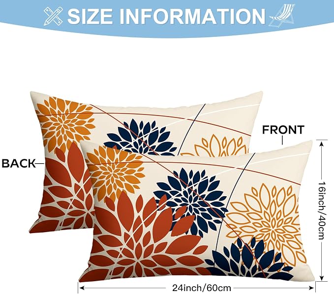 OTOSTAR Outdoor Orange Dark Blue Pillow Covers 16x24 Inch Set of 2 Flower Throw Pillows Farmhouse Geometric Dahlia Floral Lumbar Cushion Case Waterproof Decor for Sofa Patio Funiture Garden