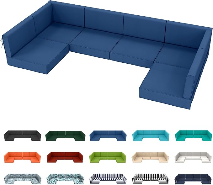 14pc Waterproof Outdoor Couch Cushions for 6 Seat Patio Dark Blue | Water-resistant, UV-resistant,14pc High-Density Foam Replacement Cushions for 6-Seat Outdoor Sectional Furniture