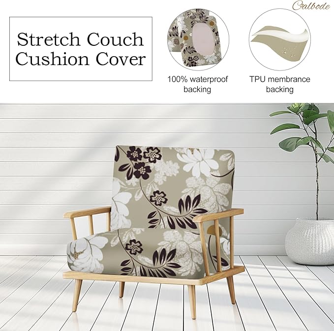 CALBODE 12 Pcs Waterproof Patio Cushion Covers, Floral Printed Stretch Outdoor Sofa Cover for Patio Furniture, Washable Chair Covers Reusable Furniture Protector (Brown,Cushions Not Included)