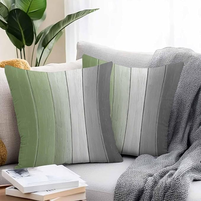 Throw Pillow Covers 26x26 Inch Set of 2, Sage Green Gray Ombre Waterproof Outdoor Cushion Covers, Vintage Country Wooden Decorative Pillowcases for Couch, Sofa, Bed, Garden, Patio