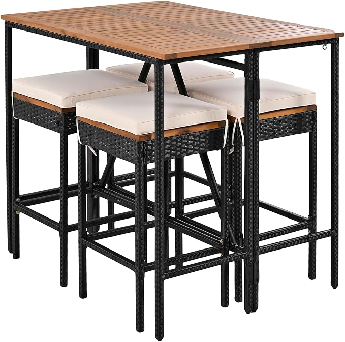 5-Piece Outdoor Patio Counter Height Dining Set, Acacia Wood Bar Table and 4 Stools with Removable Cushion, All-Weather PE Rattan Wicker Bistro Set Conversation Set with Foldable Tabletop (Brown-5P)