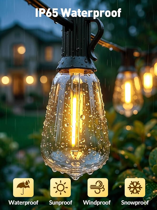 65ft Solar String Lights Outdoor - Waterproof Solor Powered Patio Light | Hanging Outside Backyard Camping Yard Gazebo Garden Pergola Bistro Balcony Cafe Party Fence Lighting LED Edison Bulb & Remote